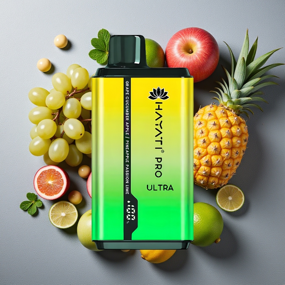 Hayati Pro Ultra 15000 Puffs Eldobható E-cigaretta Szőlő Uborka Alma Ananász Passió Lim, 850mAh, 2×12ml, 2% nikotin, 49 íz